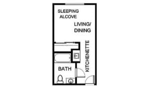Floor plan of a one-bedroom unit with kitchenette