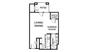 Architectural floor plan of a one-bedroom unit