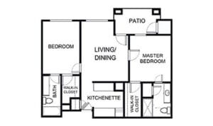 Architectural floor plan of a senior living unit
