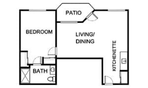 Architectural floor plan of a one-bedroom unit
