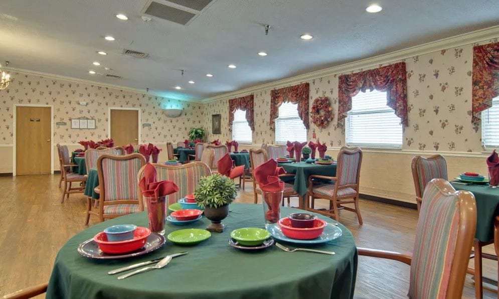 Elegant dining setup with colorful table settings in the dining room.