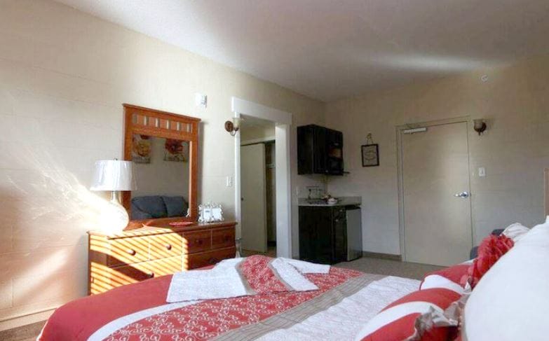 Brightly lit senior living room with a bed and kitchenette.