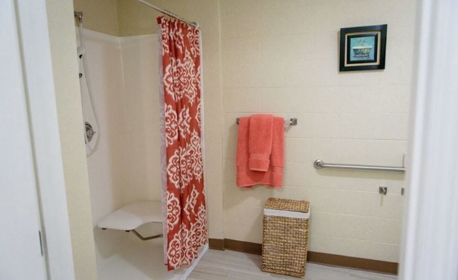 Accessible bathroom with shower, towel, and storage basket.