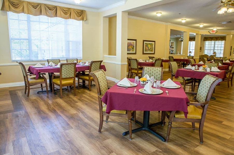 Cozy dining area with tables set for meals