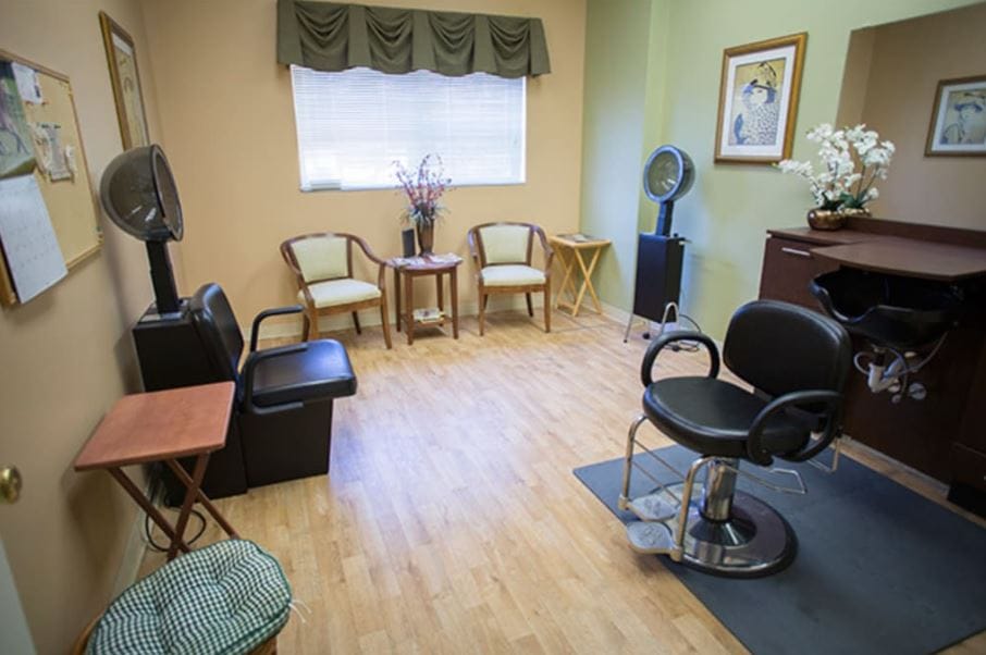 Cozy hair salon with styling chairs and waiting area