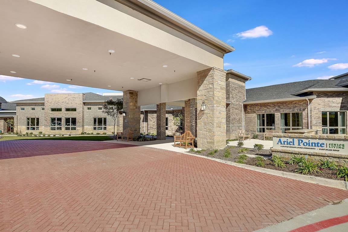 Exterior view of the Ariel Pointe senior living facility entrance