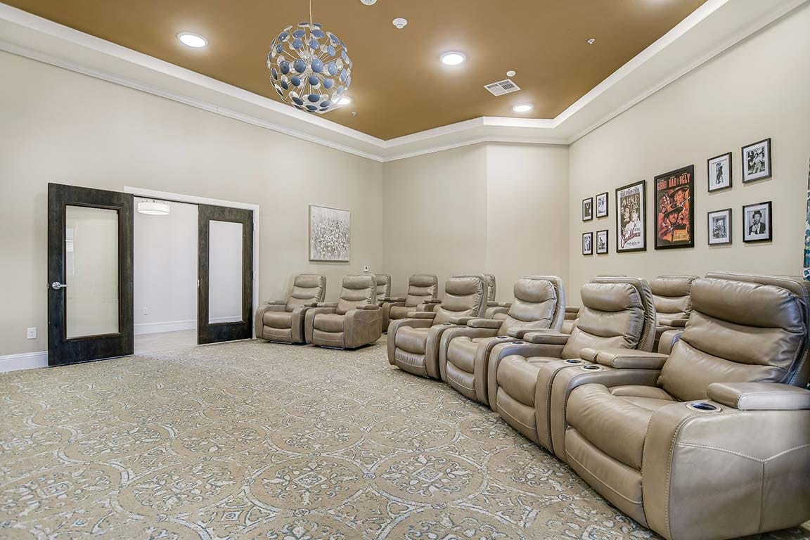 Comfortable seating in a movie room with decor