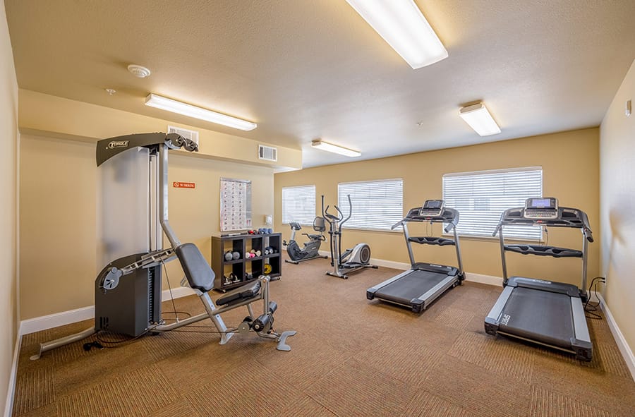 Well-equipped fitness center with treadmills, elliptical, and weight machines.