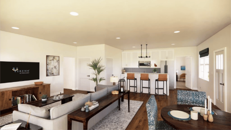 Bright living room and kitchen area with modern furnishings