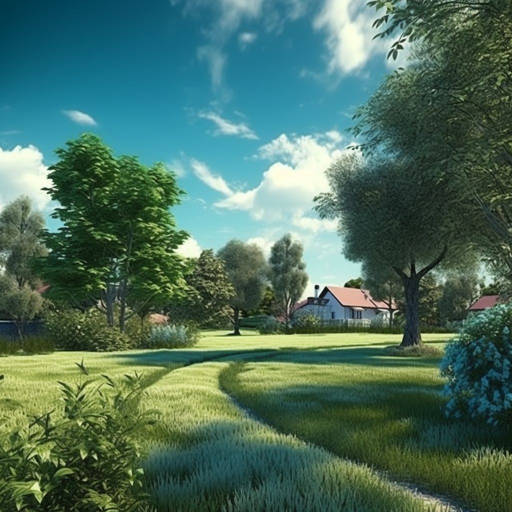 Lush green landscape with trees and a path