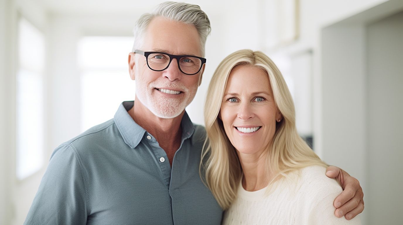 Two smiling residents posing together in a bright, welcoming environment
