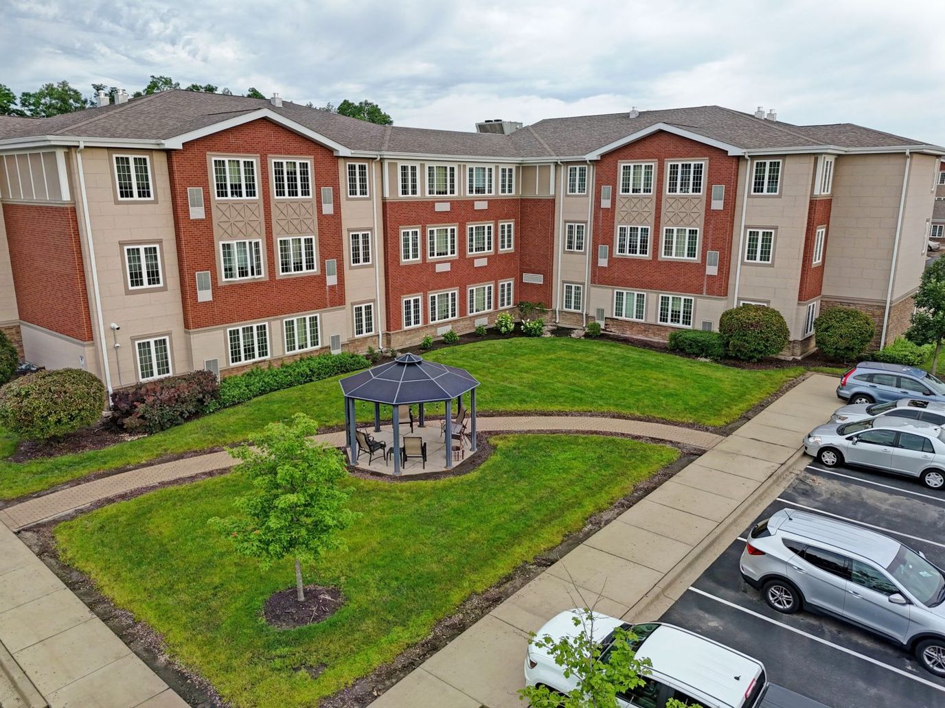 Aerial view of a supportive living facility with outdoor space
