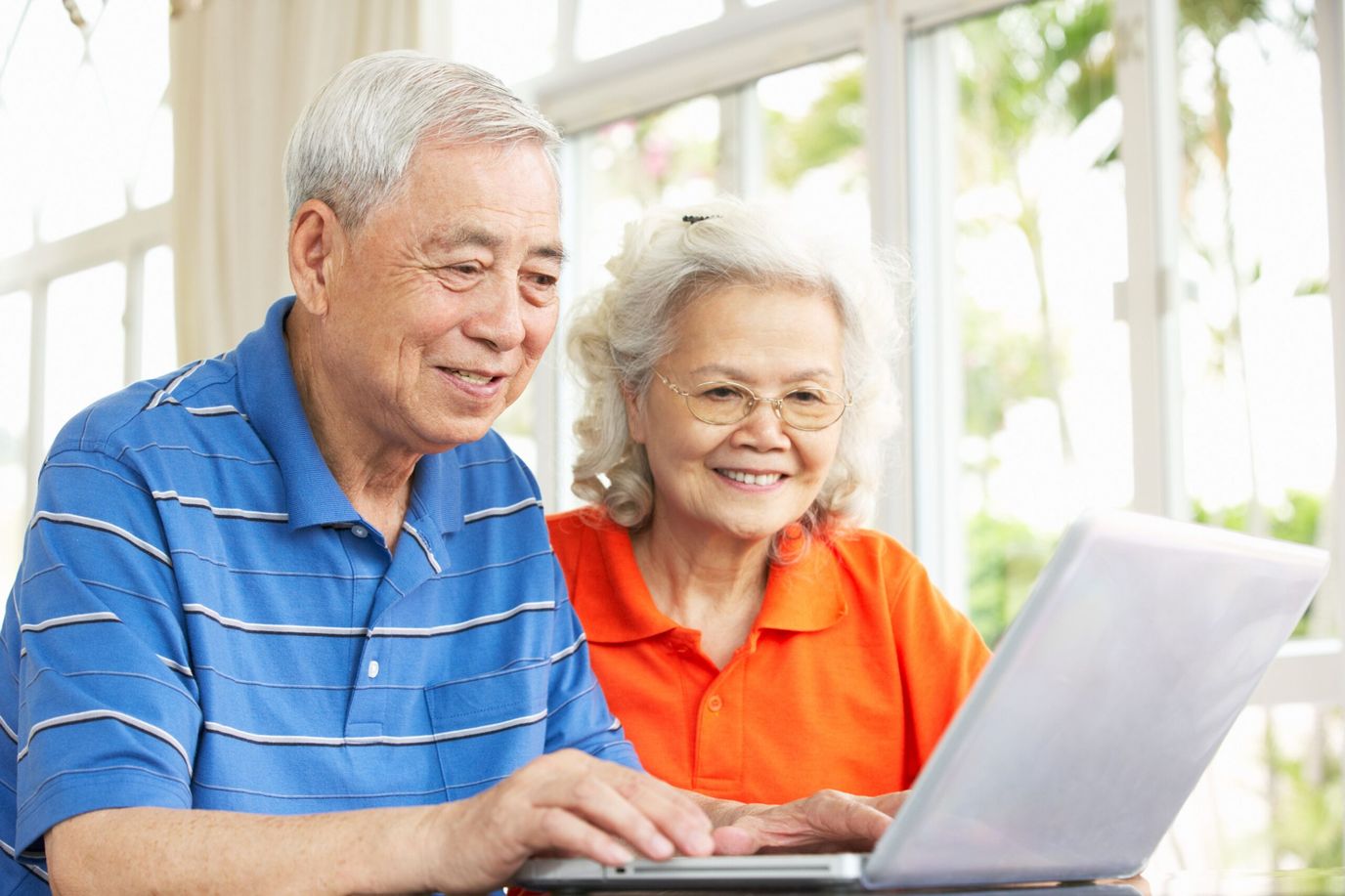 Elderly couple using a laptop together
