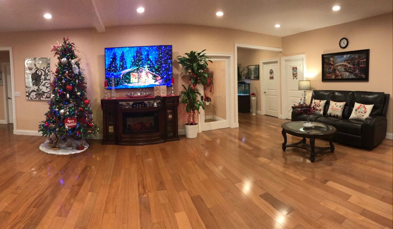 Living room decorated for the holidays with a Christmas tree and fireplace