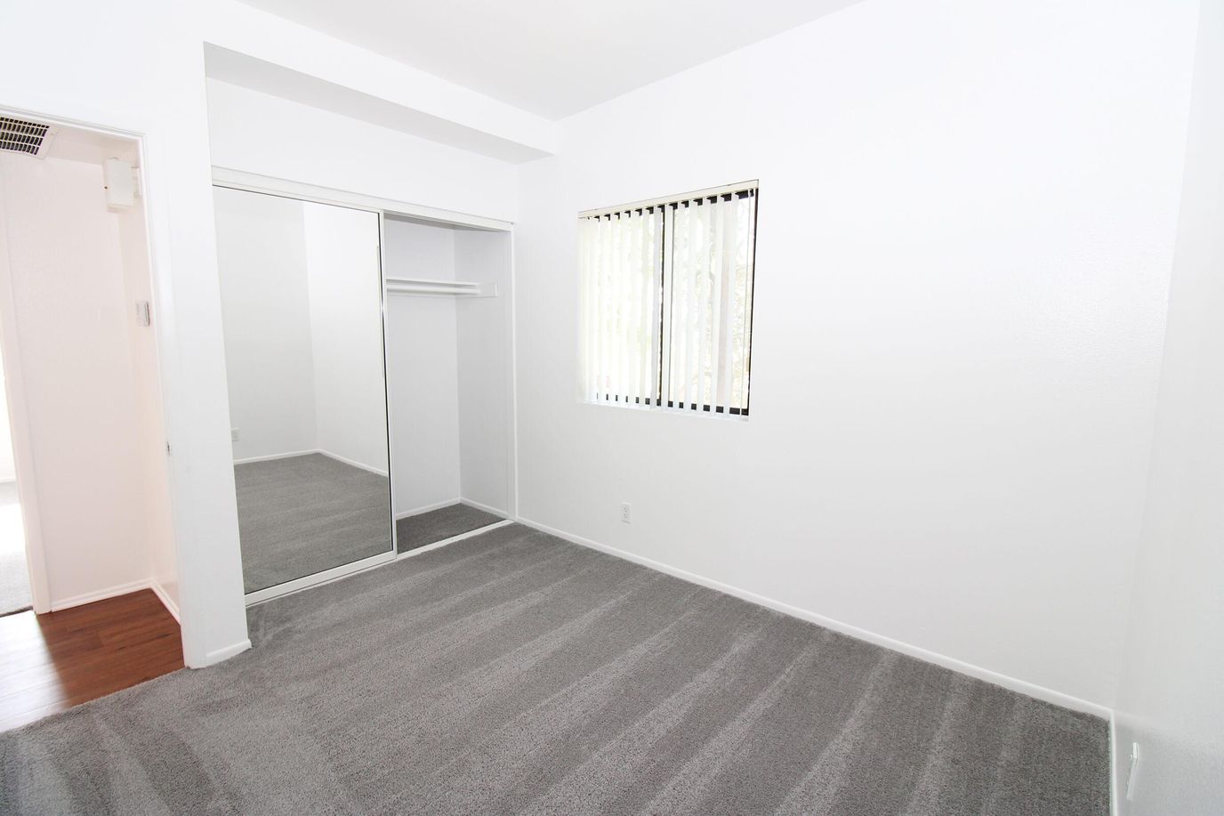 Interior view of a spacious bedroom with carpet and closet