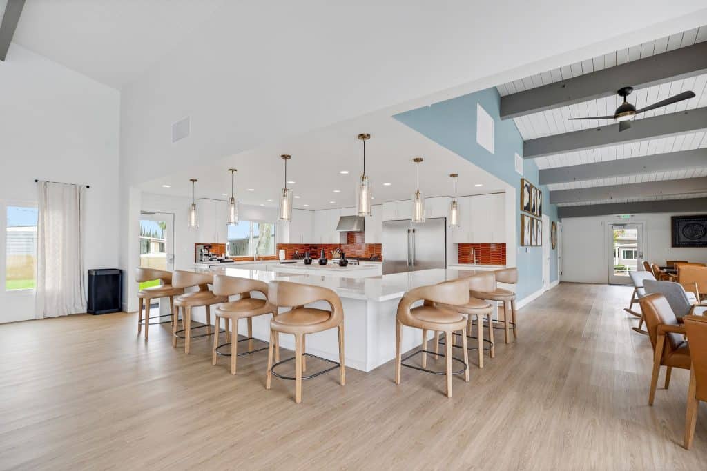 Bright and modern interior common area with seating