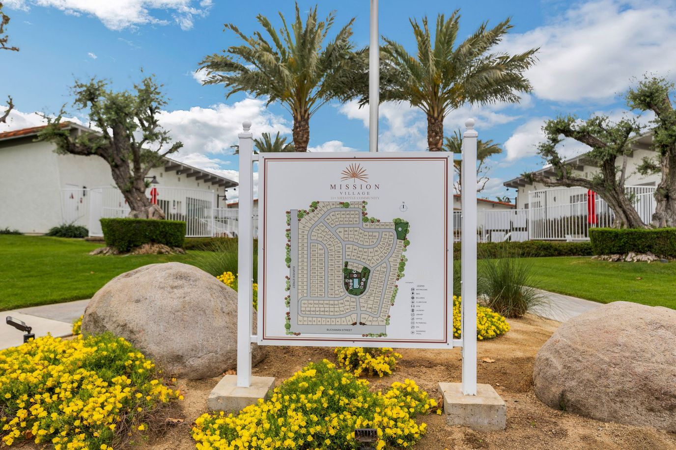 Layout map of Mission Village with landscaped area