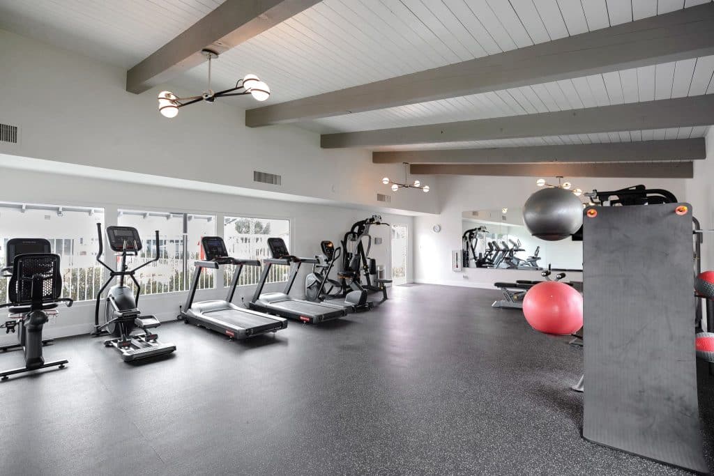 Bright fitness room with exercise equipment and natural light