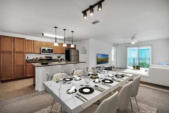 Modern kitchen and dining area in an apartment.