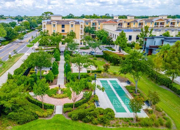 Aerial view of landscaped outdoor area with pathways.