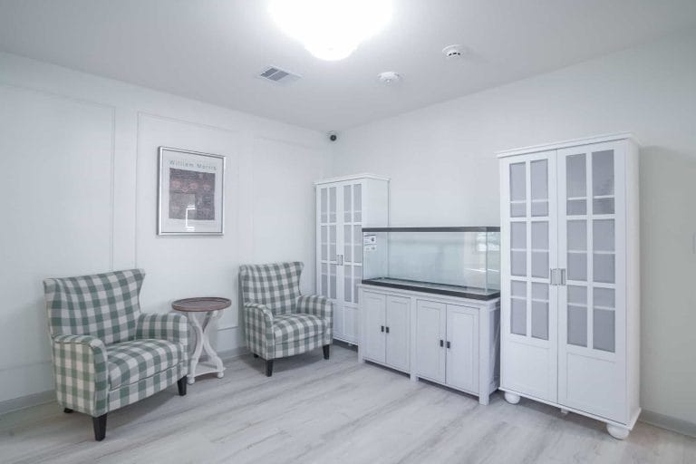 Cozy lounge area with two checkered chairs and storage cabinets.