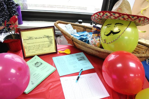 Decorative table setup for a community event.