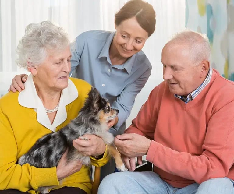 Residents engaging with a staff member and a dog