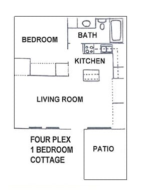 Architectural floor plan for a one-bedroom cottage