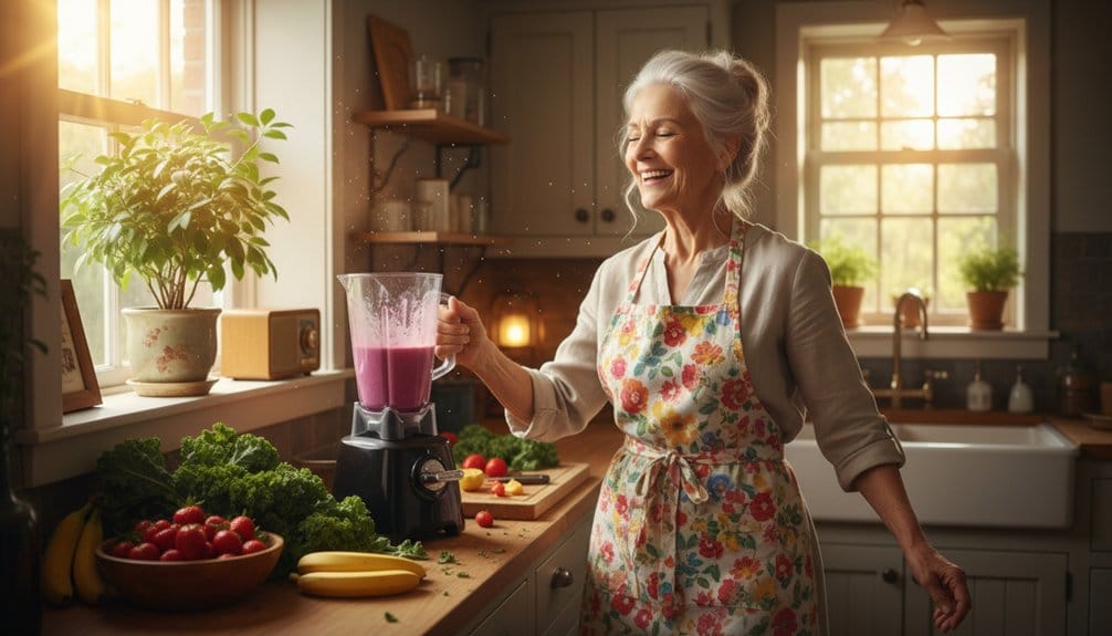 A smiling woman blending a smoothie in a bright kitchen