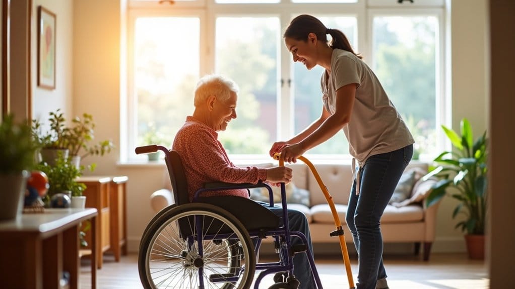 A caregiver assisting a resident in a warmly lit room