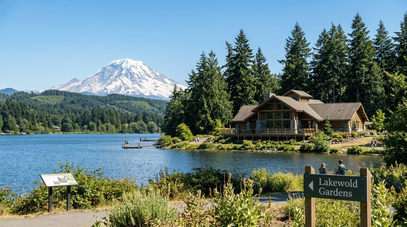 A scenic view of Lakewold Gardens with a rustic building and mountain background