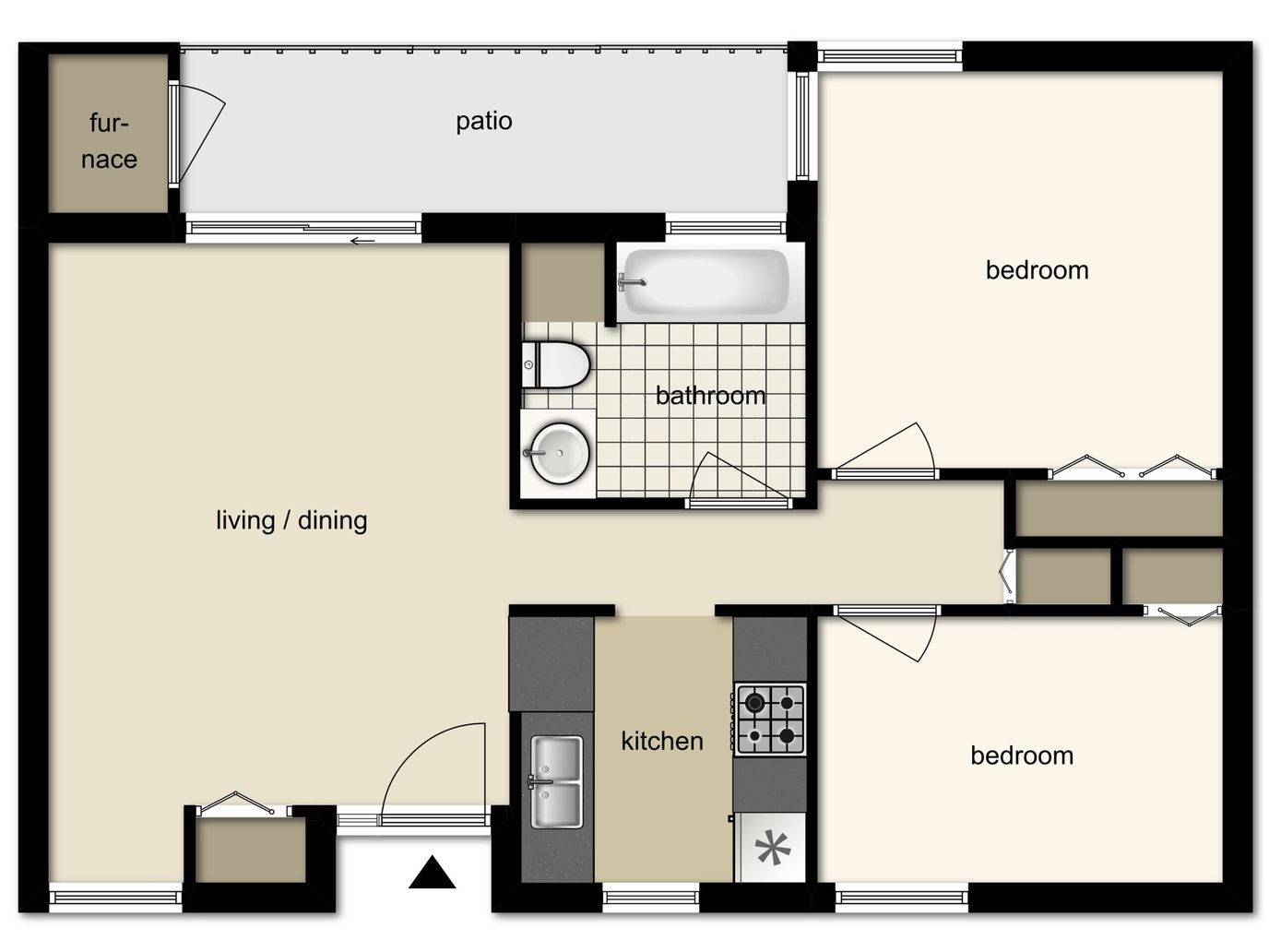 Architectural floor plan of a two-bedroom unit