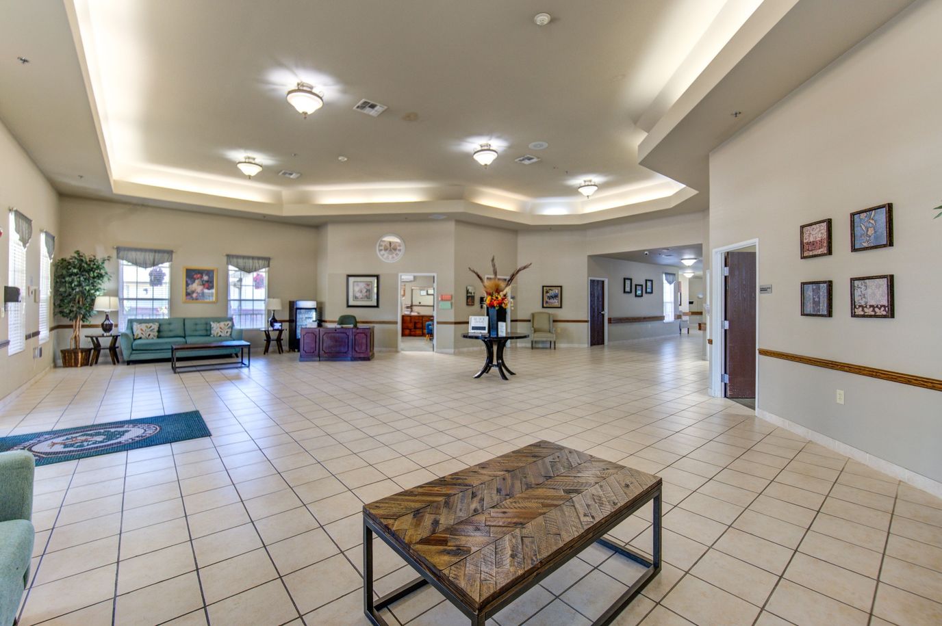 Bright interior view of a common area with seating