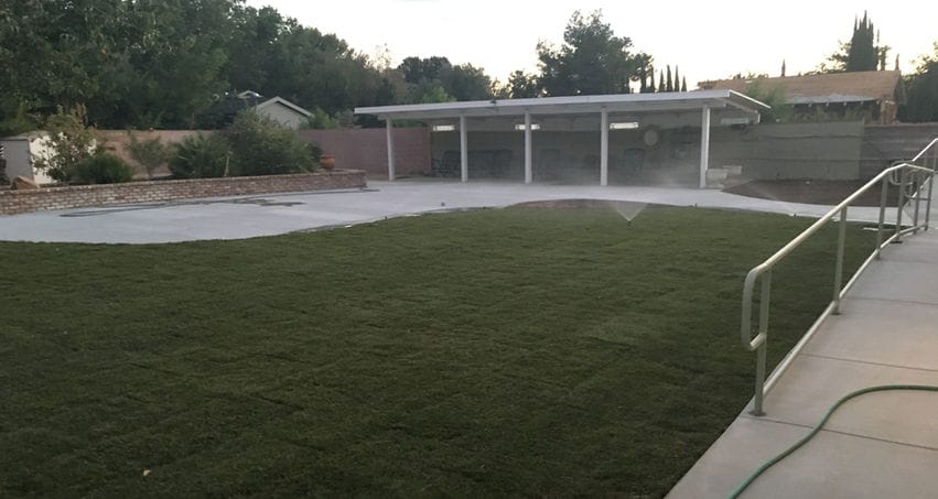 Outdoor space with grass and covered area.