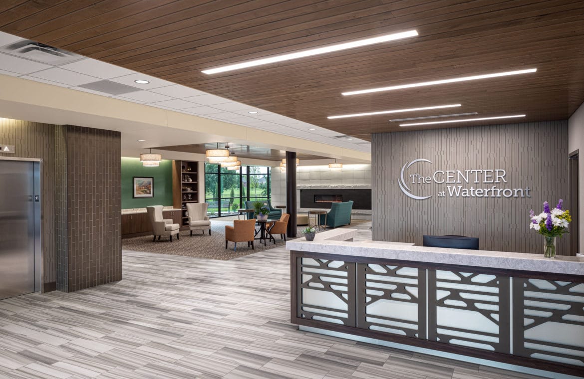 Bright and modern lobby area with seating