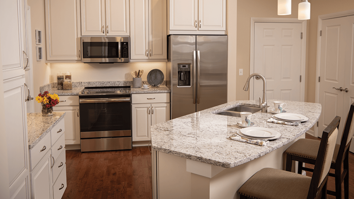 Bright, modern kitchen with granite countertop and appliances