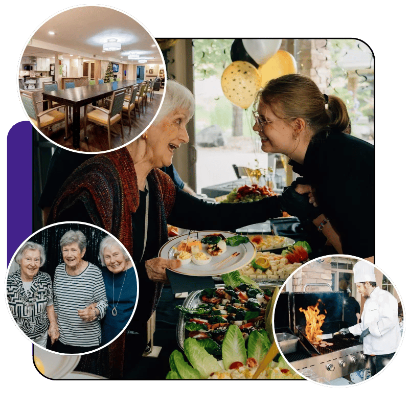Residents enjoying a communal dining experience with staff