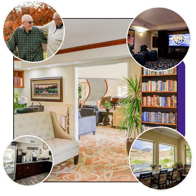 Residents enjoying activities in a cozy lounge area