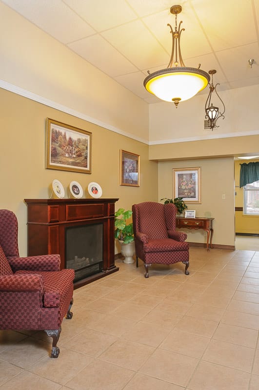 Interior common area with seating and decorative elements