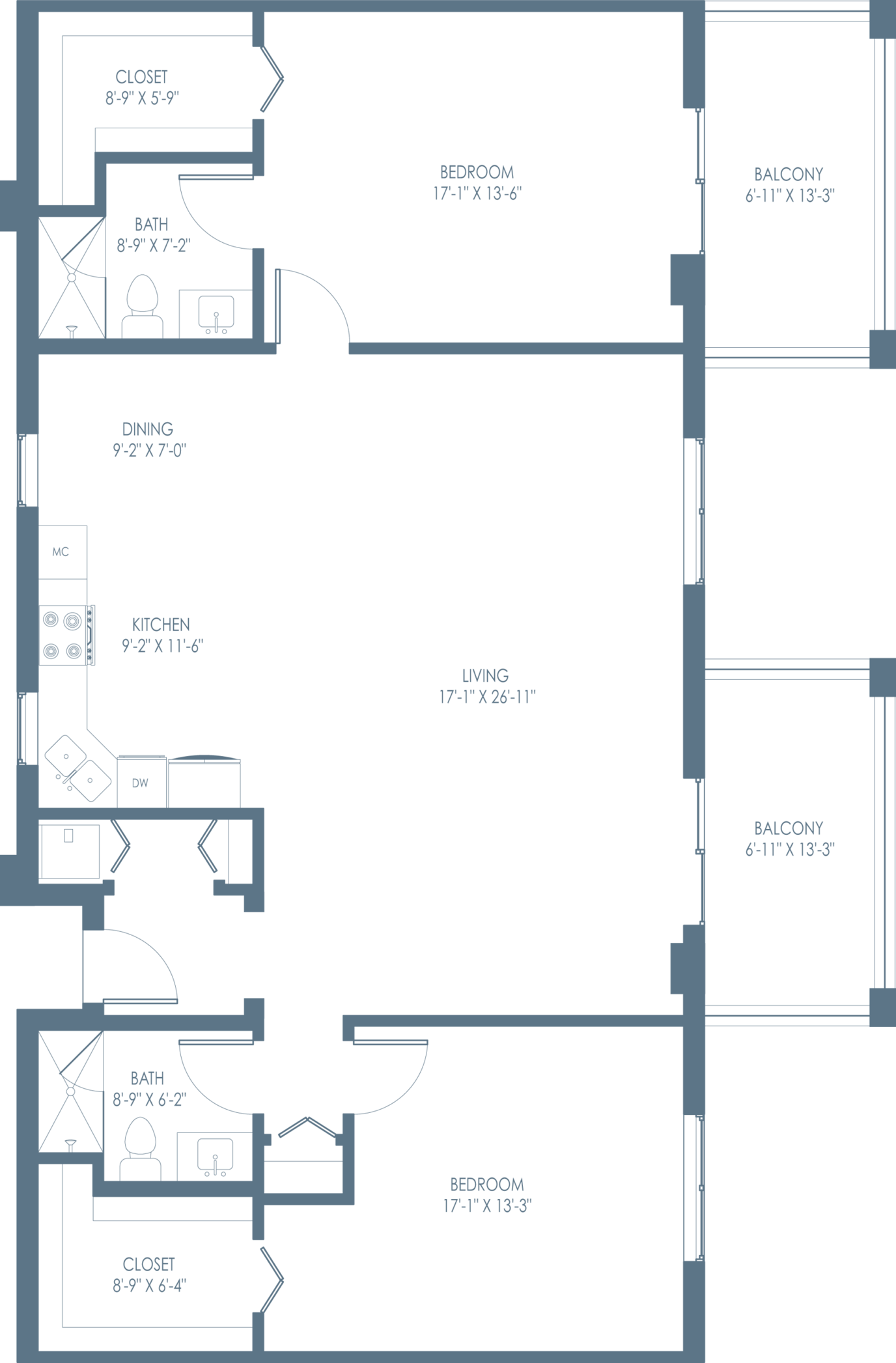 Architectural floor plan of a two-bedroom unit
