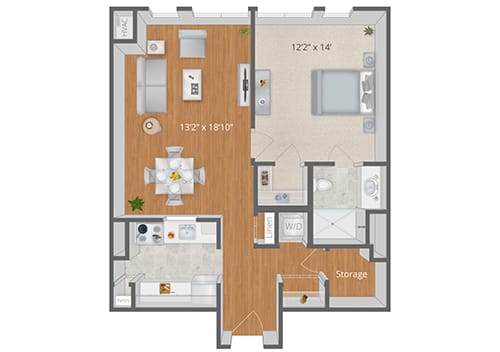 Architectural floor plan of a one-bedroom unit
