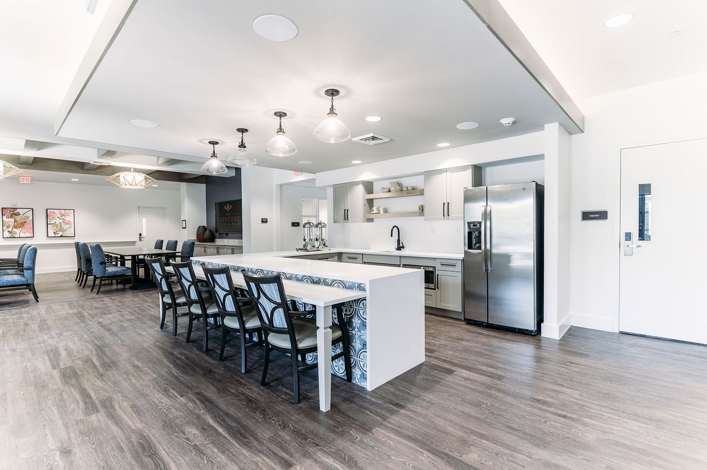 Bright dining area with modern decor and seating