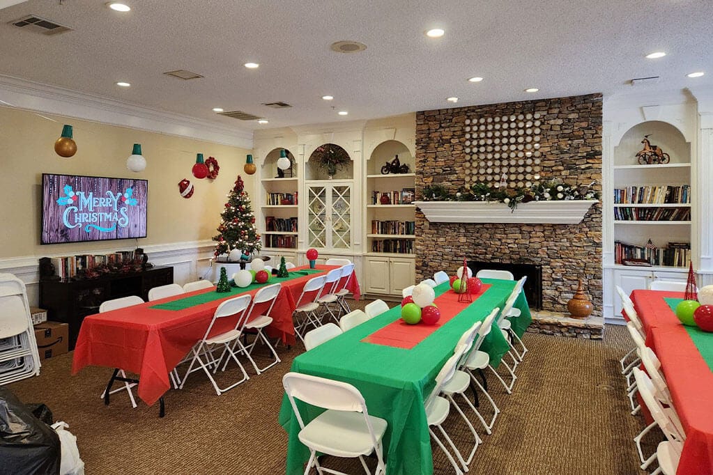 Interior activity room decorated for Christmas