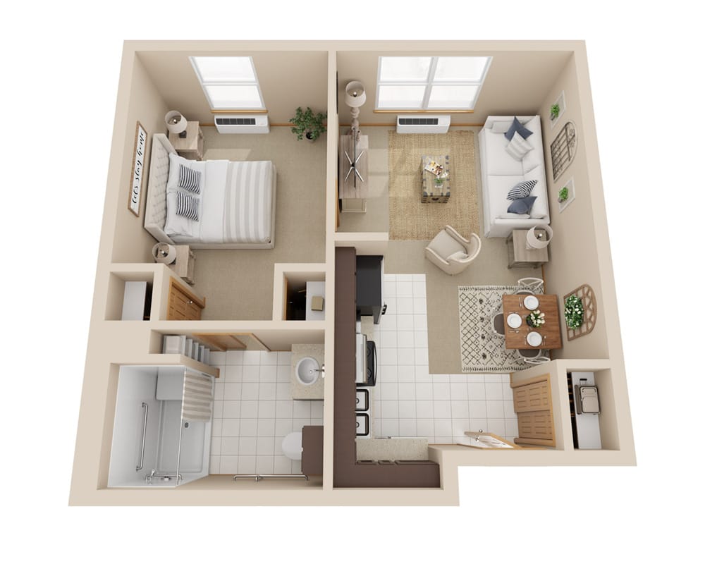 Floor plan of a one-bedroom unit