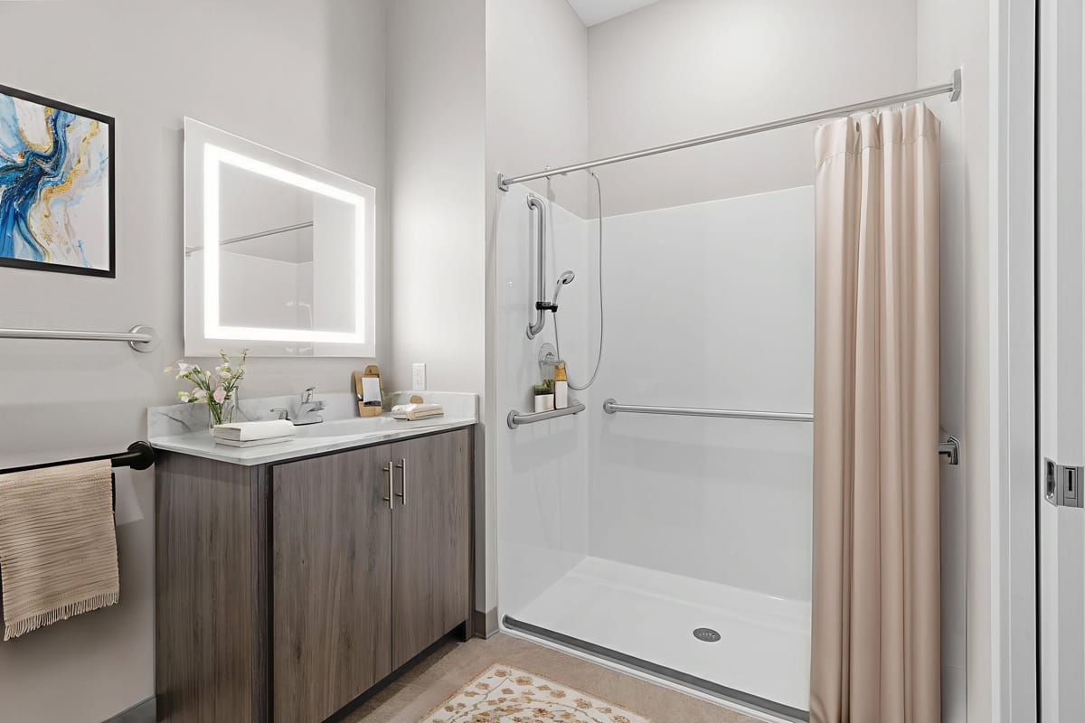 Modern assisted living bathroom with accessible features