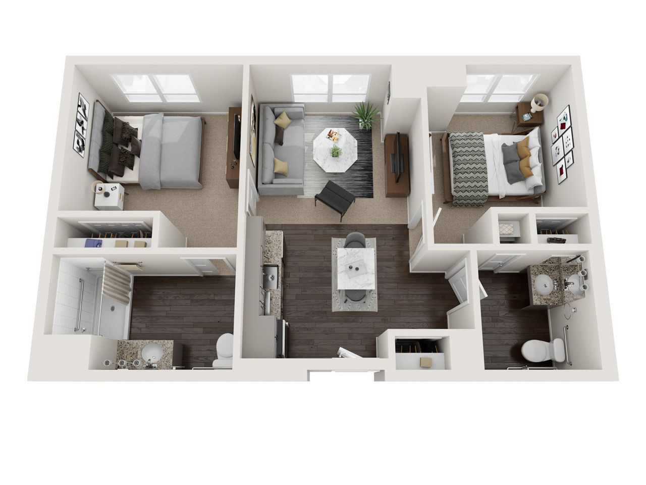Floor plan of a two-bedroom layout in a senior living facility