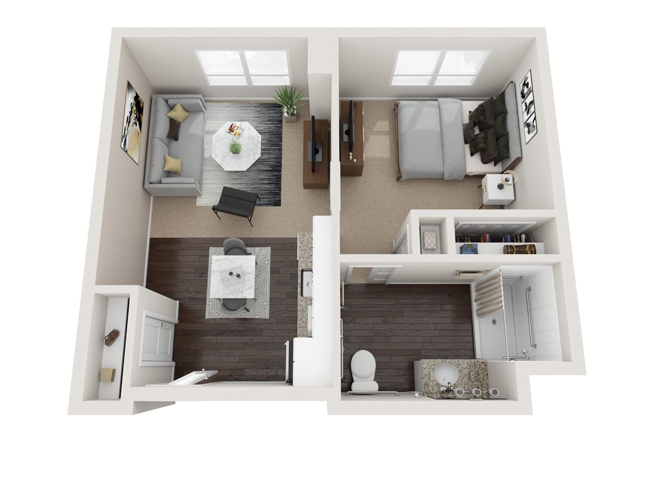 Aerial view of a one-bedroom apartment layout