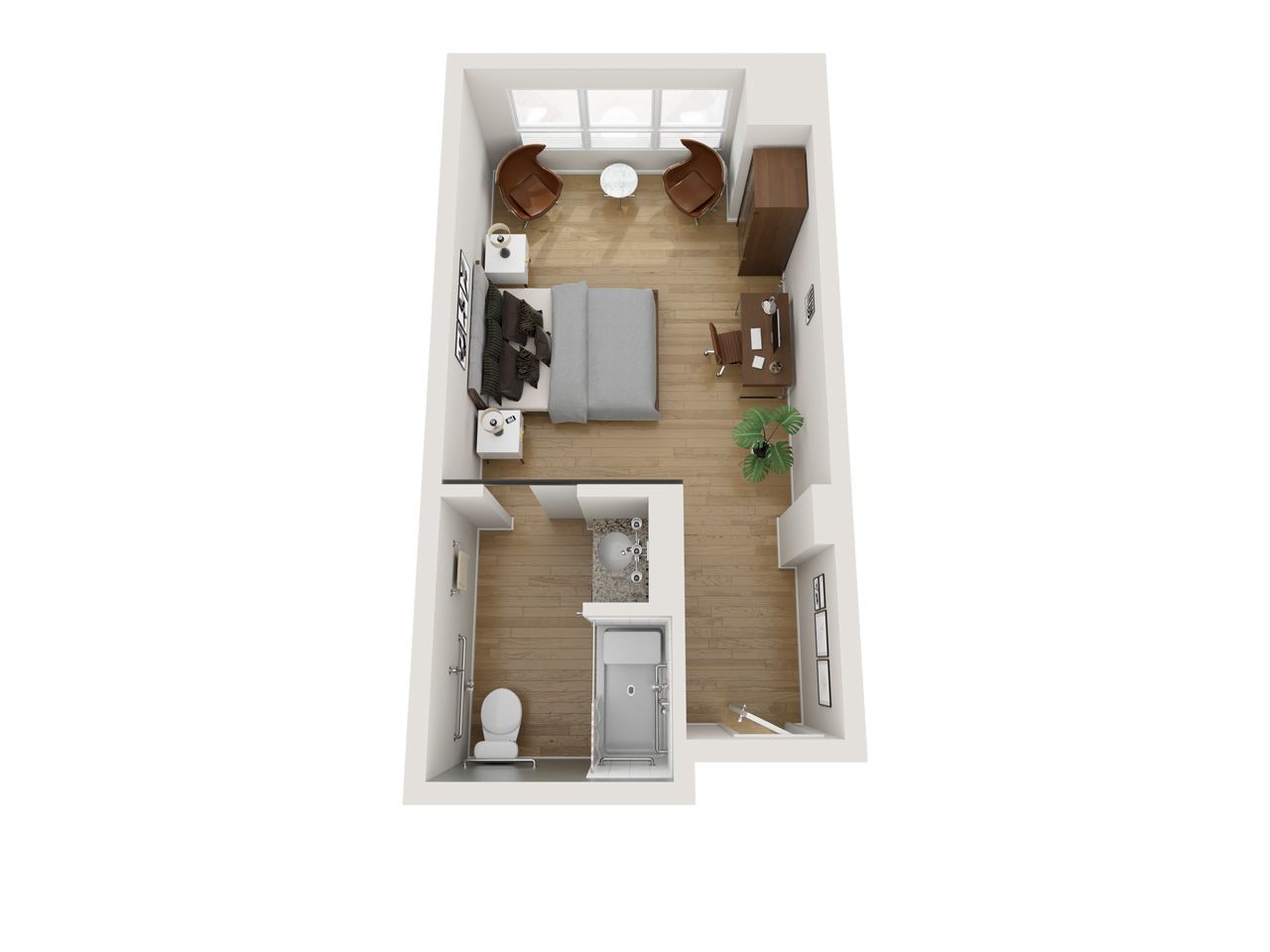 Layout of a private resident room with furniture