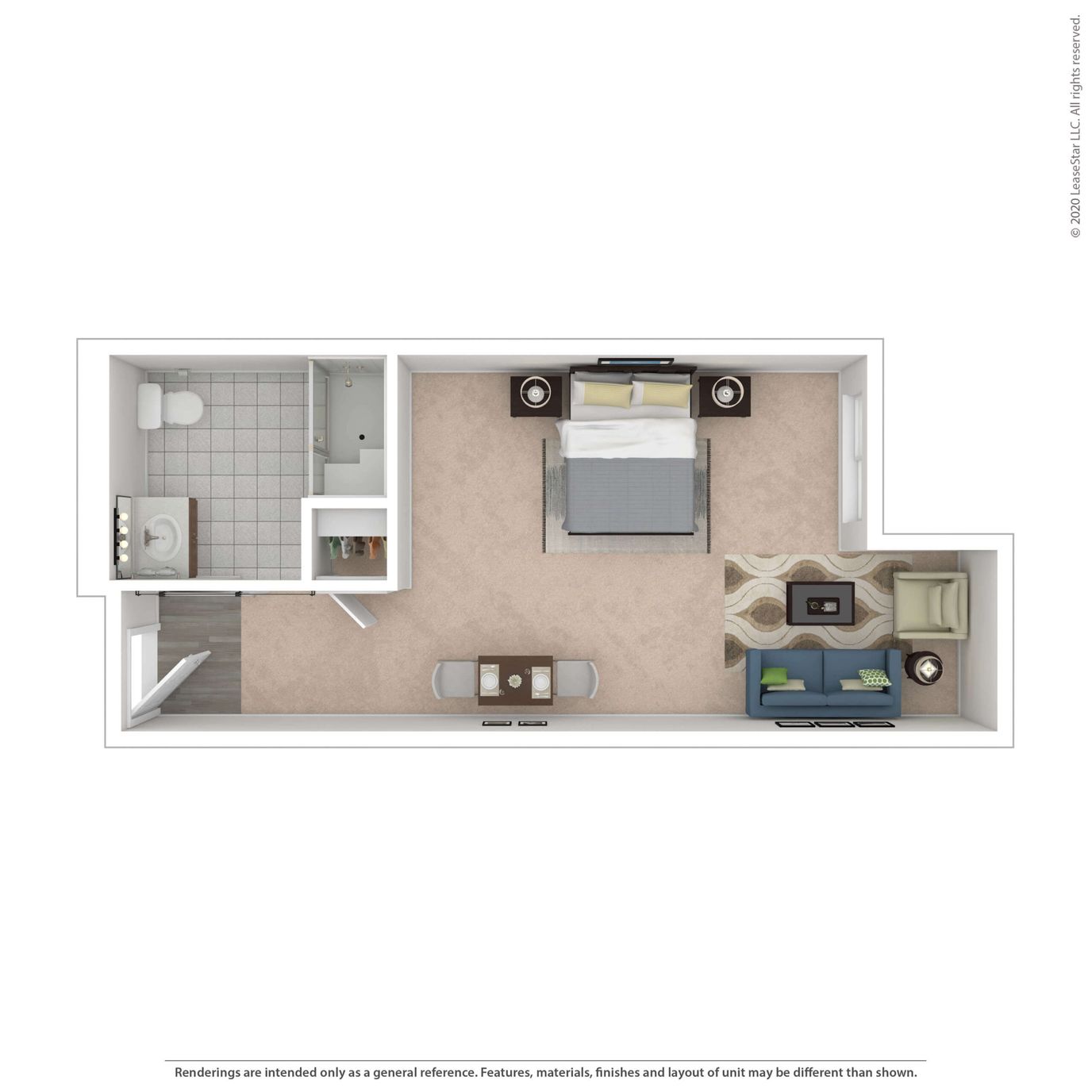 Floor plan of a senior living unit with furniture layout