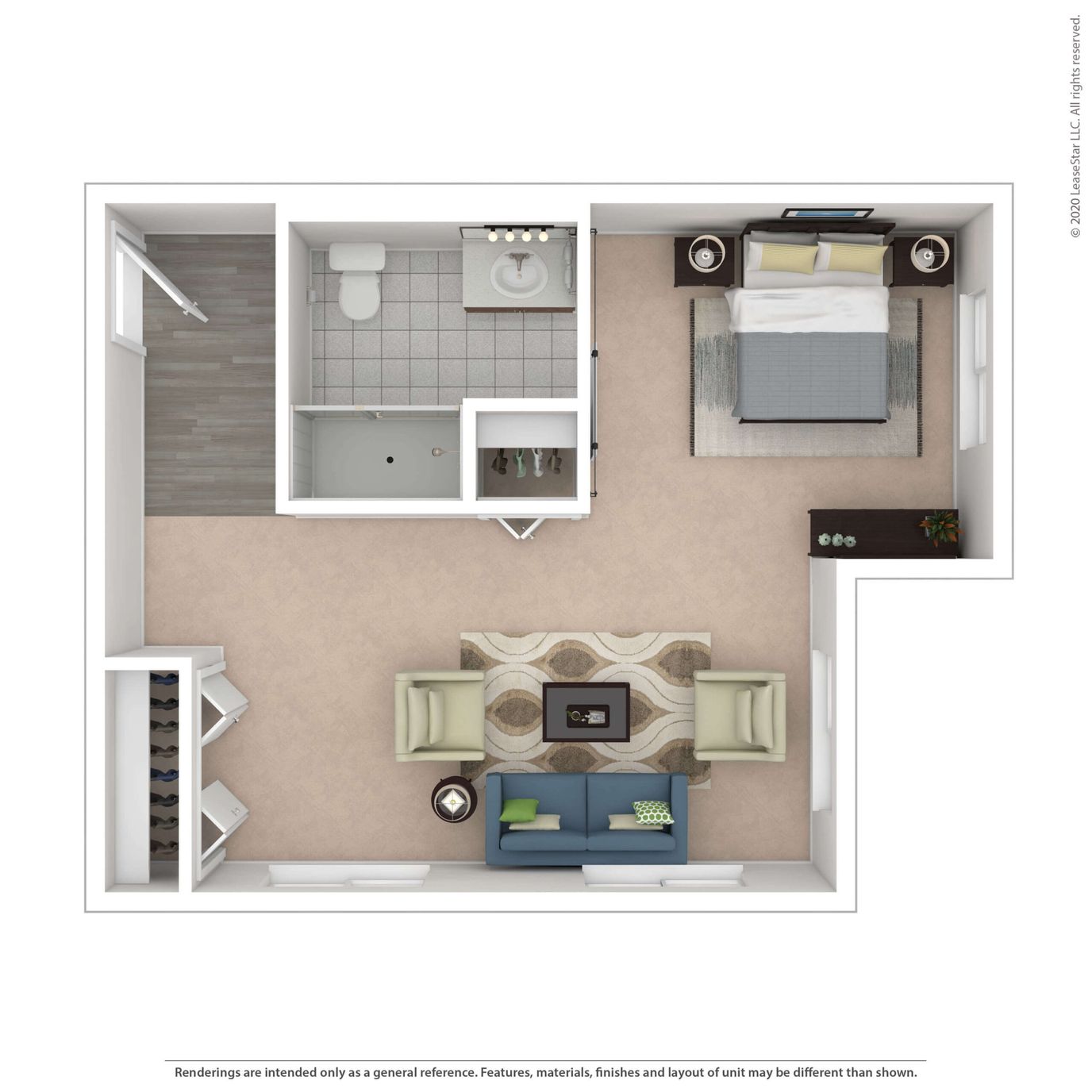Rendered floor plan of a resident suite